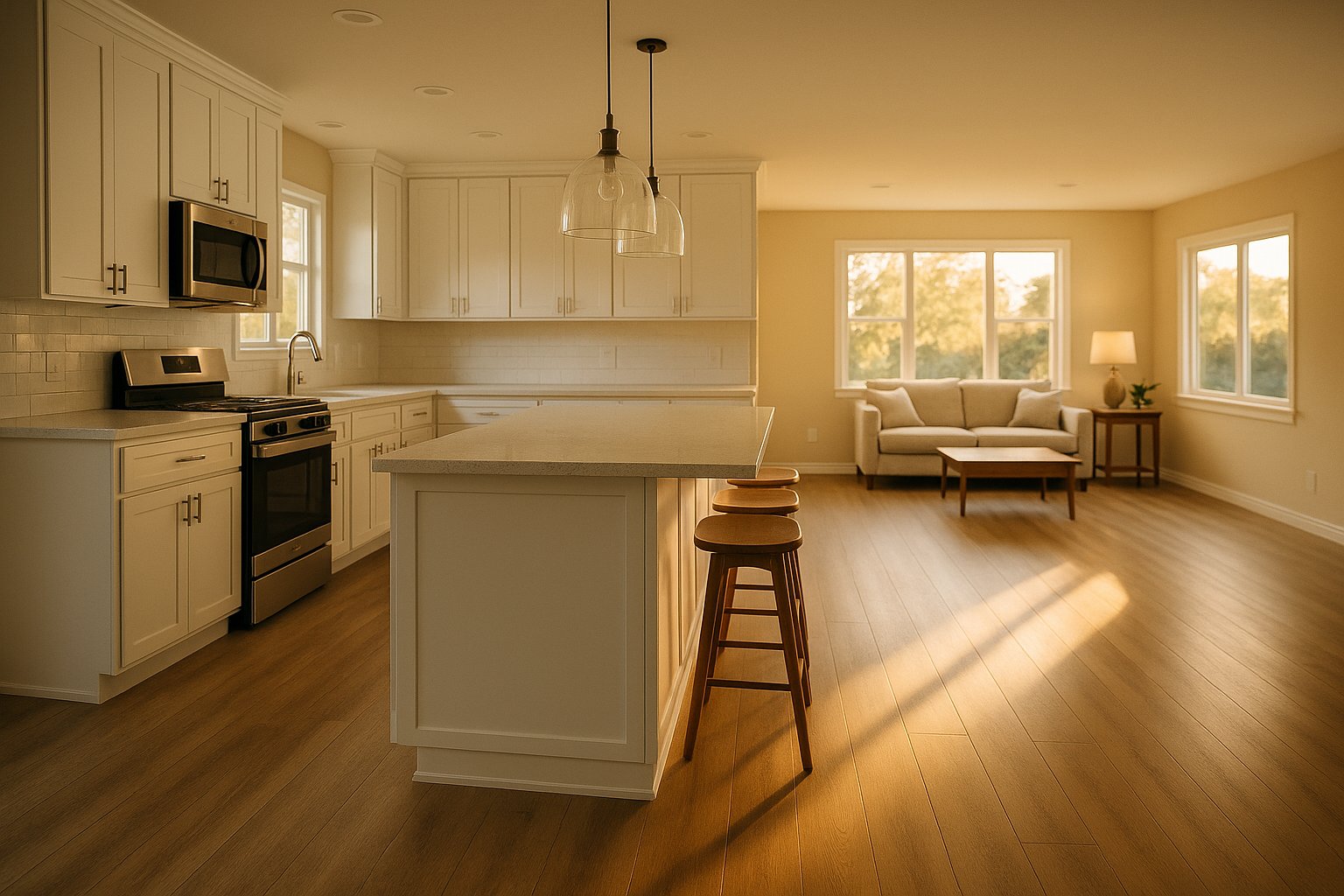 Cocina y sala recién remodeladas con gabinetes blancos y piso nuevo — RenewHome Remodeling