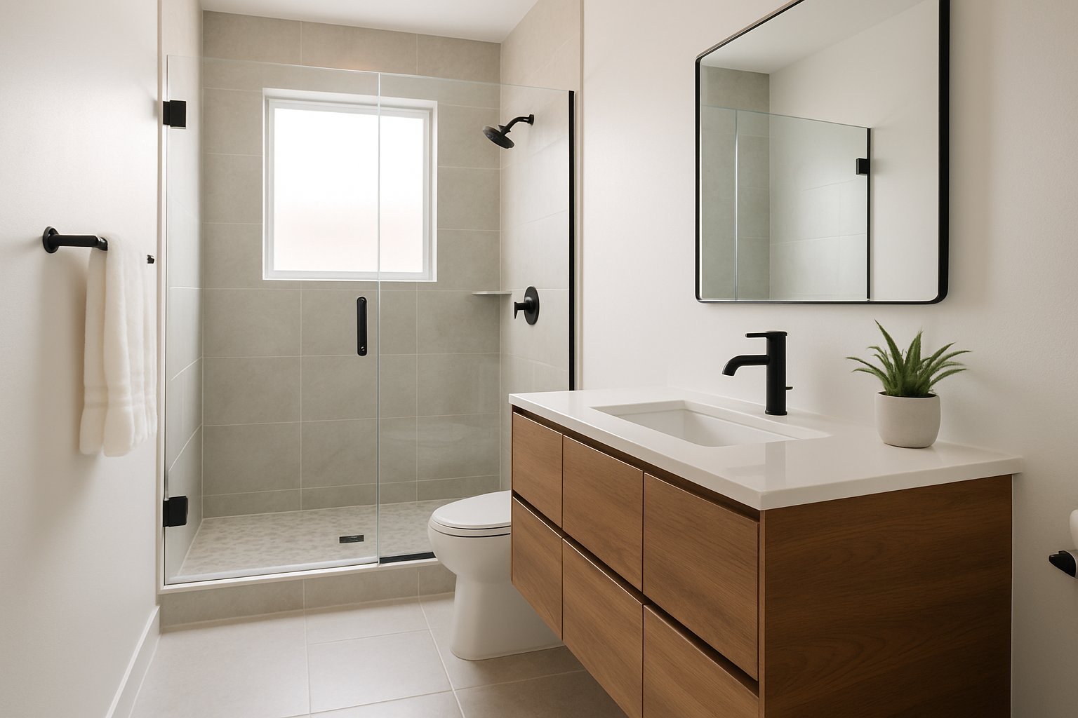 Baño remodelado con regadera de tile y vanidad flotante de madera