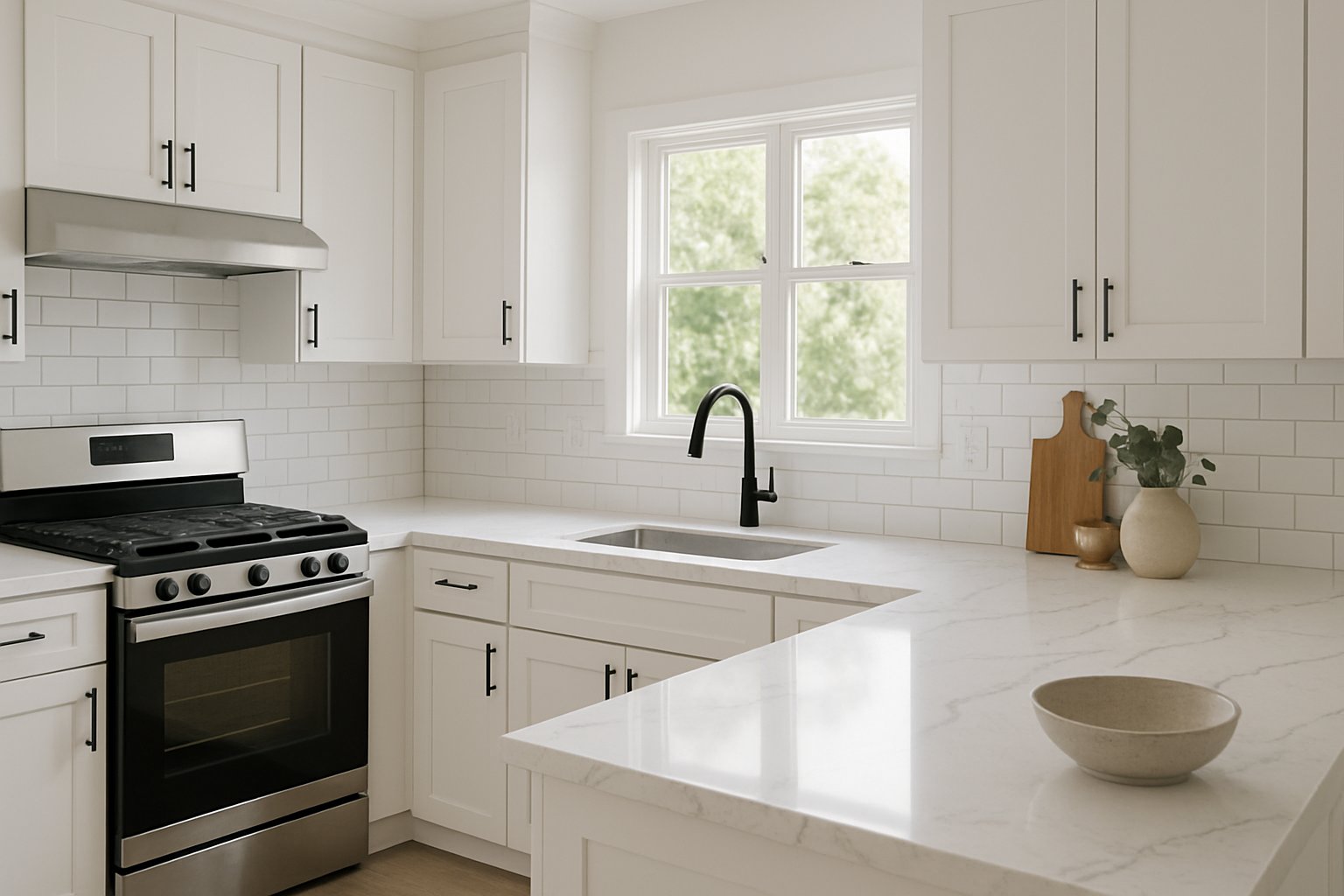 Cocina remodelada con gabinetes blancos y cubierta de cuarzo